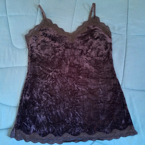 Black Crushed Velvet Tank Top with Lace Edging - Picture 1 of 3